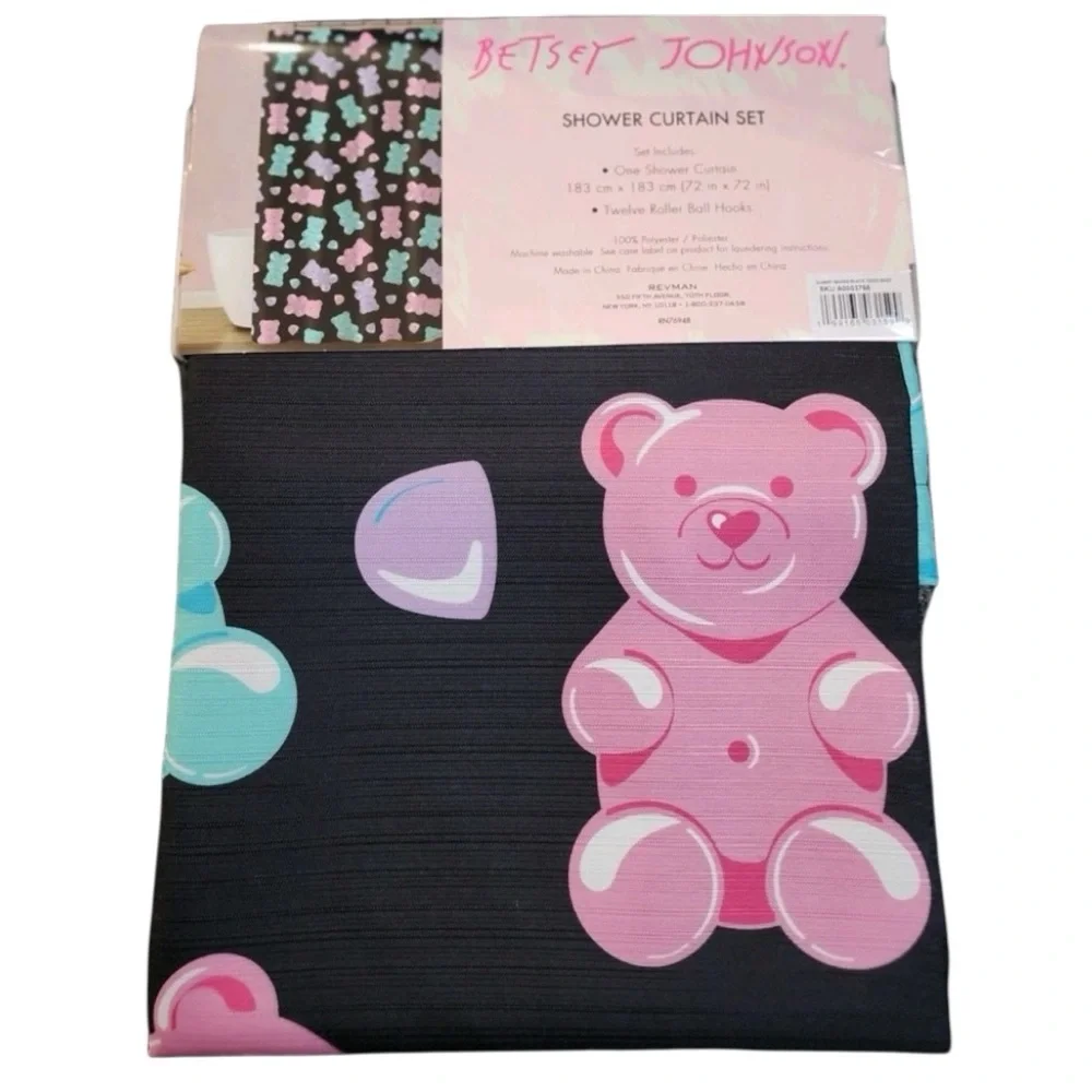 Betsey Johnson Shower Curtain Set Jelly Gummy Bear Black Hooks 12 Hooks Set